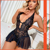 Sexy Naughty Teddy Lingerie – Lace Halter V-Neck Bodysuit